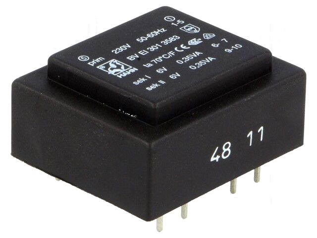 Transformator: ingegoten; 0,7VA; 230VAC; 6V; 6V; 58mA; 58mA; PCB Transformator: ingegoten; 0,7VA; 230VAC; 6V; 6V; 58mA; 58mA; PCB